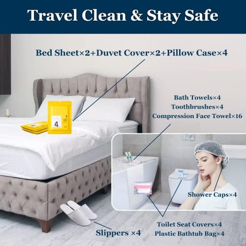 Extguds Disposable Travel Set : Bed Sheet×2+Duvet Cover×2+Pillow case×4+Bath Towels×4+Shower Caps×4+Plastic Bathtub Bag×4+Toilet Seat Covers×4+Compression face Towel×16+Toothbrushes×4+Slippers×4 - Image 5
