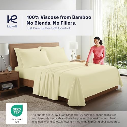 Kickoff Viscose Bamboo Sheets King Size 4-pc 100% Organic Bamboo Viscose Bed Cooling Sheets King Size Set Cool Bedding for hot Sleepers Sheet Set - Gift Ready Packaging (Cream, K) - Image 3