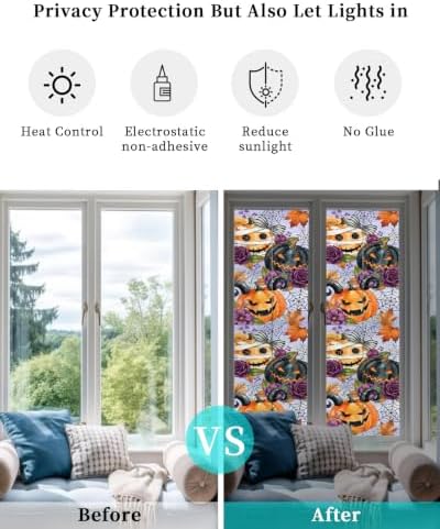 Window Privacy Film Frosted, Pumpkins Halloween Reusable Static Cling Window Tints, Black Horror Purple Floral Vintage Heat Control Windows Films for Offices, Balcony, 29.5 x 118 Inches - Image 6