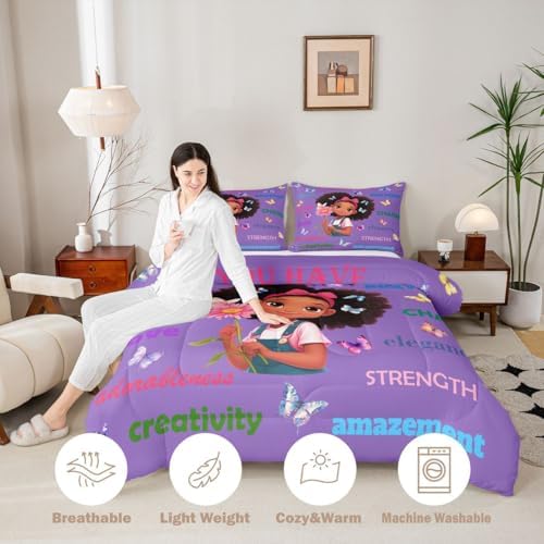 Erosebridal Black Girls Magical Comforter Set Butterflies Inspirational Quotes King Bedding Set African American Comforter Afro Pretty Girls Duvet Insert for Nursery Kids Princess Cute Room Decor - Image 4