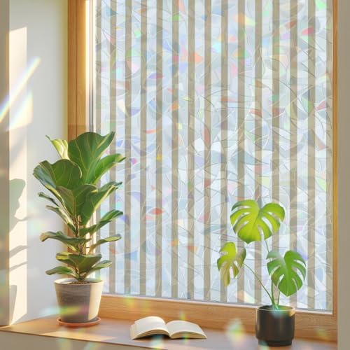 Thin Beige Striped Window Privacy Film Rainbow Static Cling Stain Glass Window Film for Glass Door, Decorative Heat Blocking Sunroof Decal Sticker for Car 23.6"x78.7" Farmhouse Modern Stripes by AMZRicher