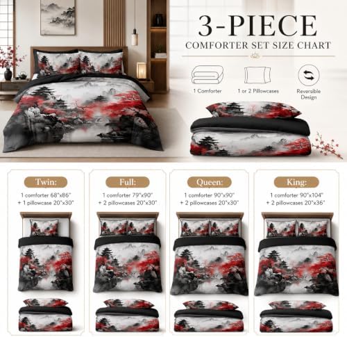 CCoutueChen Asian Chinese Comforter Set King Size, Black Red - Image 3