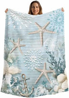 Blue Ocean Throw Blanket, Coastal Starfish Coral Fluffy Soft Blankets for Couch Bed Travel, Flowers Plush Microfiber Striped Flannel Blankets, Underwater Lightweight Sofa Blankets 32"x48" by Homechoid