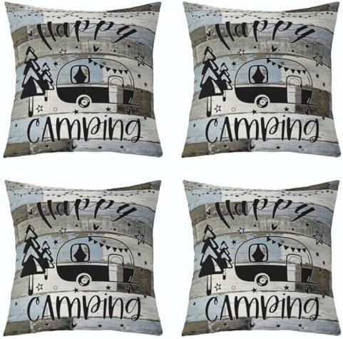 Feelyou Happy Camping Cushion Case Camper Throw Pillow Covers 16"x16" Set of 4 Gifts for RV Owners Rustic Farmhouse Style Decorative Pillow Case Pillowcase Vintage Wooden Outdoor Pillows Covers - Image 6