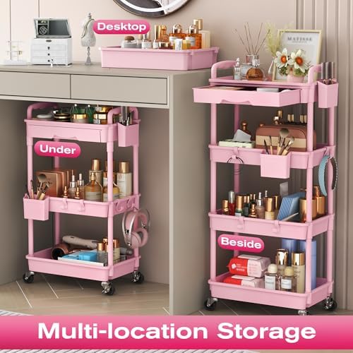Goovilla Rolling Makeup Organizer Cart with Removable Drawer, 4 Tier Pink - Image 6
