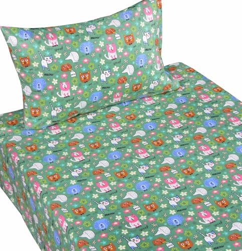 Scientific Sleep Cats Dogs Puppy Green Funny Free & Easy Vibrant Happy Fun 100% Cotton Cozy Twin Bed Sheet Set, Flat Sheet & Fitted Sheet & Pillowcase Boys Girls Kids Bedding Set - Image 2