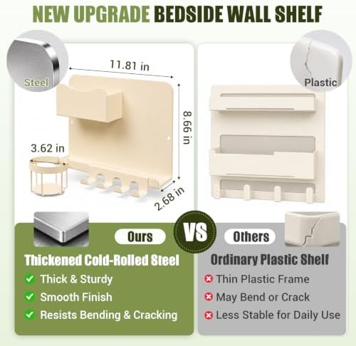 Floating Bedside Wall Shelf, Metal Wall Organizer with Detachable Cup Holde - Image 2