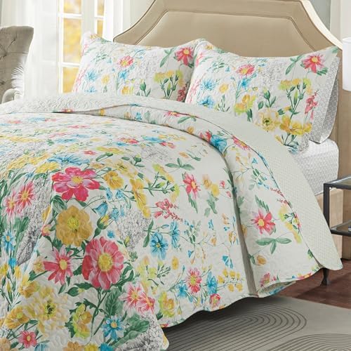 Travan Floral Quilt King Quilt Bedding Set, Ultra Soft Reversible Microfiber King Size Quilt Set with 1 Quilt Set and 2 Shams Yellow Flower Coverlet Set for All Season, Coreopsis-Yellow - Image 3