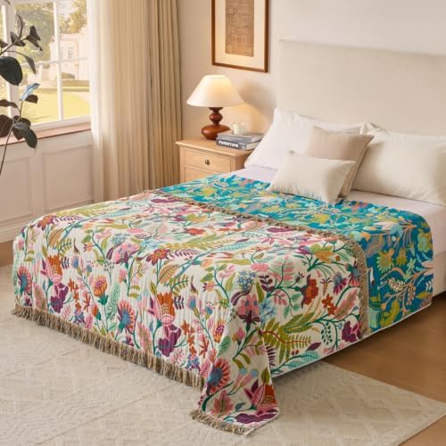 Boho Throw Blanket, 100% Soft Cotton Floral Quilt, King 90"x 98" - Image 3