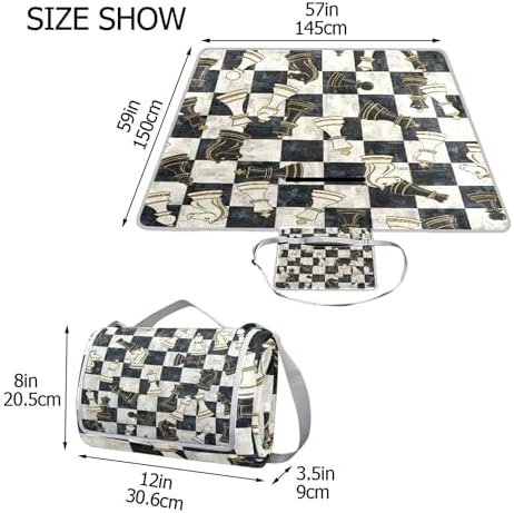MNSRUU Picnic Blanket Waterproof Foldable, Chess Black White Grid Large Outdoor Picnic Beach Camping Blanket Travel Mat, Shoulder Strap Tote, Rectangle 57x59in - Image 3