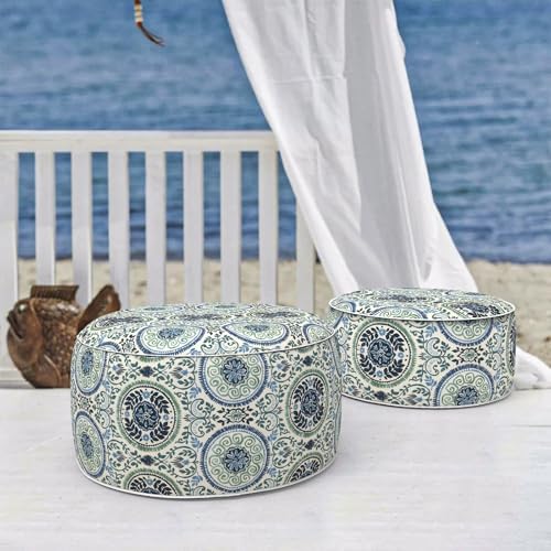 Outdoor Inflatable Stool Ottoman D31”xH14”, All Weather Portable Footrest Stool, Furniture Stool Ottomans for Home Garden Beach, Celadon Wreath - Image 4