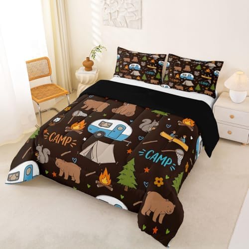 Erosebridal RV Camper Comforter Set King Size, Forest Theme Camping Bedding Sets for Kids Girls Boys, Woodland Animal Print Bear Bed Set Quilt, Outdoor Travel Trailer Room Decor - Image 5