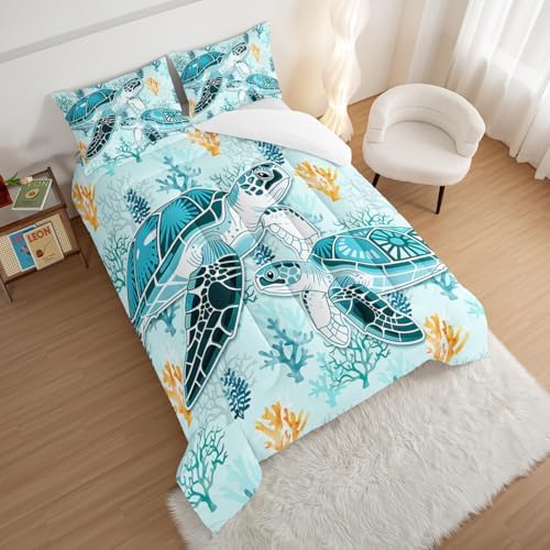 HOSIMA Coastal Beach Themed Sea Turtle Twin Comforter with 2 Pillowcases. - Image 3