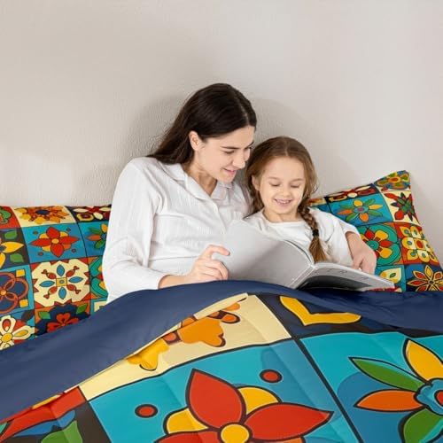 Erosebridal Colorful Mexican Talavera Tile Toddler Bedding Set - Vintage Floral Comforter Sets, Exotic Ethnic Bohemian Bed Set for Kids, Patchwork Flower Room Decor - 1 Pillowcase - Image 6