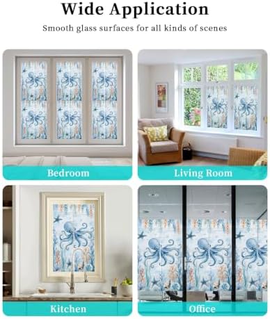 Window Privacy Film Frosted, Coastal Octopus Reusable Static Cling Window Tints, Blue Ocean Coral Summer Beach Seaweed Heat Control Windows Films for Offices, Balcony, 29.5 x 118 Inches - Image 7