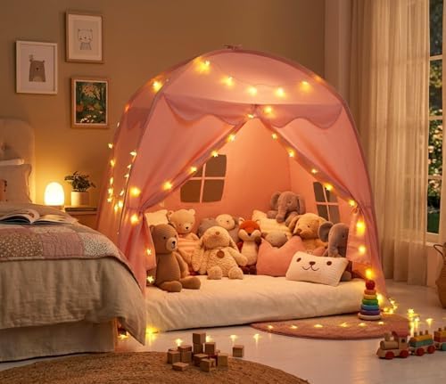 Akiky Large Teepee Tent for Kids with Lights Portable Bed Canopy Tent Foldable Teepee Canopy Playhouse Inside Canopy Bed for Playroom(Pink) - Image 4