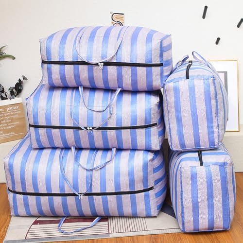 Large Nylon Woven Bag Moving Bag,75L/100L/120L/160L/230L Blue and White Stripes Laundry Bag Reusable Zipper Bag for Packing,Blankets,Duvet (3,80x43x27cm) - Image 6