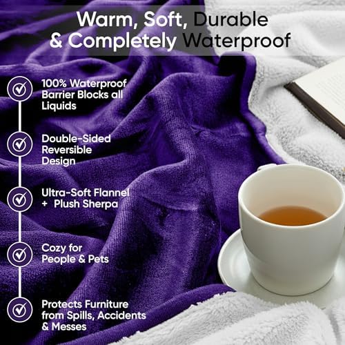Waterproof Blanket for Bed, Couch & Sofa, Reversible Sherpa & Flannel Throw Blanket, Leakproof Soft Washable Furniture Protector for Pets & Home (Purple, 40"x60") - Image 6