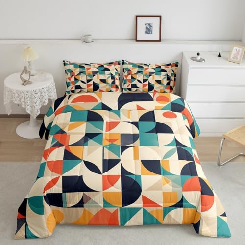 Erosebridal Teal Orange Geometric Toddler Bedding Set,Retro Abstract Aesthetic Comforter Set for Kids Room Decor,Colorful Quilt Bed Set Boho Style Down Comforter 2Pcs - Image 2