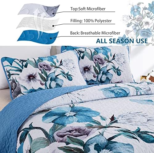 Drucon Floral Quilt Set King 3 Pieces Boho Blue Floral Quilt Coverlet Set - Image 4