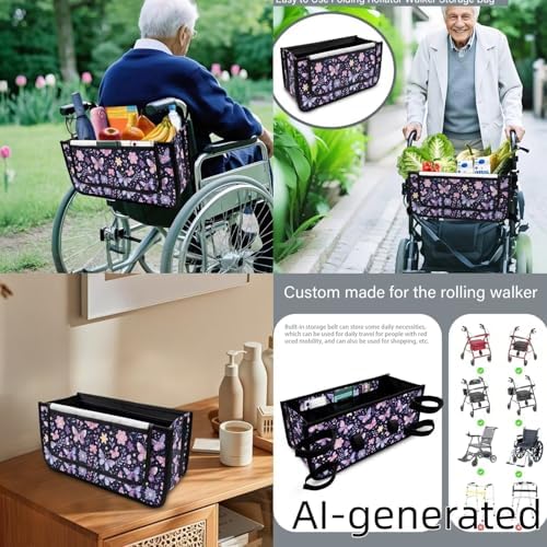 LedBack Floral Walker Accessories Sets Purple Butterfly Wheelchair Bag for Seniors Rollator Seat and Backrest Covers Universal Storage Basket - Image 5