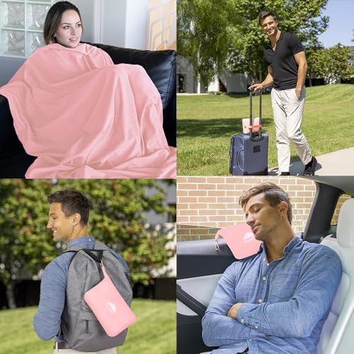 BlueHills Lightweight Travel Blanket Pillows for Two Airplane Compact Portable Traveling Essentials Flight Throws in Bag Large Plane Accessories – Pink and Navy Blue - Image 3