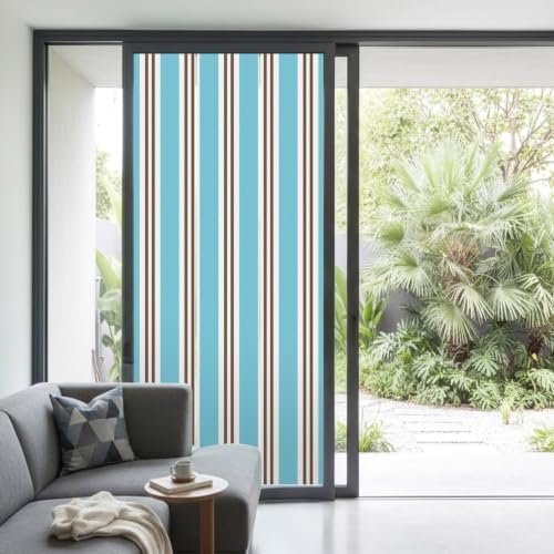 Window Privacy Film Frosted, Blue Brown Striped Non-Adhesive Static Cling Window Tint, Modern Farmhouse Vertical Stripes Insulated Windows Frosted Films for Living Room, 35.4 x 78.7 Inches - Image 2