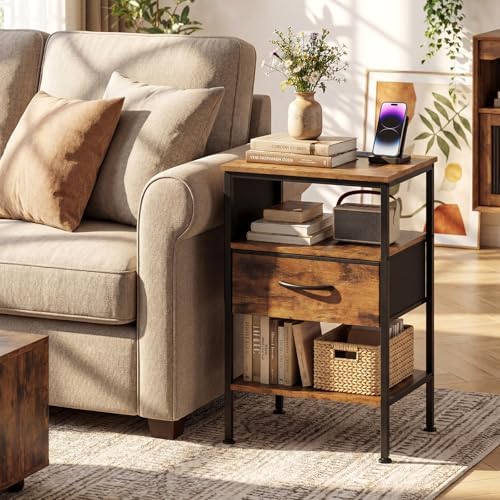 KOMFOTT Nightstand with Charging Station, 24.5" Modern Bedside Table with Fabric Drawer, Open Shelf & Side Pocket, End Table with 2 AC Outlets, USB and Type-C Port for Bedroom (Rustic Brown,1) - Image 4
