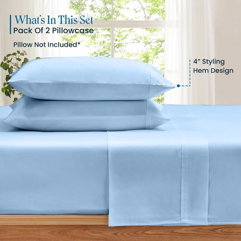 100% Pima Cotton Pillowcases – 800 Series, Ultra Soft & Cooling, Euro 26"x26", Set of 2 – Light Blue, Hotel Luxury Quality, Envelope Closure, Skin & Hair Friendly - Image 2