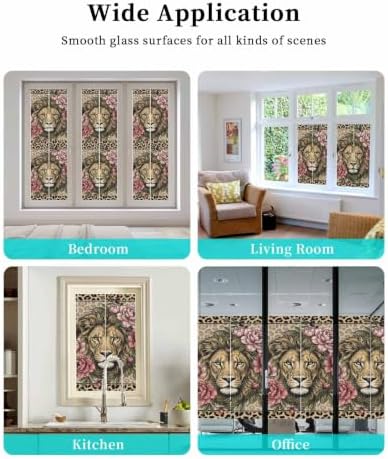 Window Privacy Film Frosted, Lion Print Static Cling Door Window Covering, Vintage Peony Flower Chic Wild Animals Texture UV Blocking Windows Film for Office, Hotel, Bedroom, 29.5 x 78.7 Inches - Image 7
