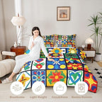 Erosebridal Mexican Talavera Tiles King Size Comforter Set, Colorful Floral Patchwork Bedding Sets for Kids Girls Boys, Vintage Boho Flower Bed Set Quilts, Mexico Ethnic Room Decor - Image 2
