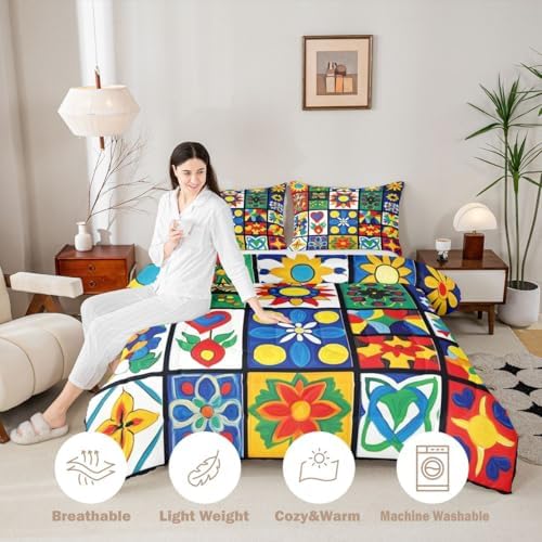 Erosebridal Mexican Talavera Tiles King Size Comforter Set, Colorful Floral Patchwork Bedding Sets for Kids Girls Boys, Vintage Boho Flower Bed Set Quilts, Mexico Ethnic Room Decor - Image 2