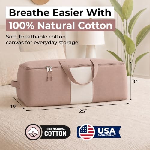 Soft Canvas Storage Bags with Zipper. Thick Breathable, 2pc King/Queen Comforter Organizer. Four Carrying Handles and Window. Large 25x19x9in Bag for Sheets Blankets Bedding Pillows, Clothes (Pink) - Image 2