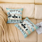 Feelyou Teal Happy Camping Throw Pillow Covers 16"x16" Set of 4 Kids Camper Decorative Pillow Case Pillowcase Gifts for RV Owners Rustic Farmhouse Style Cushion Case RV Camping Outdoor Pillows Covers - Image 3