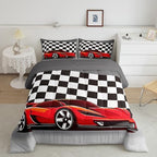 Racing Car Comforter Set, Cool Speed Race Car Down Comforter Twin Size For Kids Boys Girls Teens Bedroom, Automobile Extreme Sport Quilted Duvet Grid Buffalo Duvet Insert With 1 Pillow Cases by Erosebridal