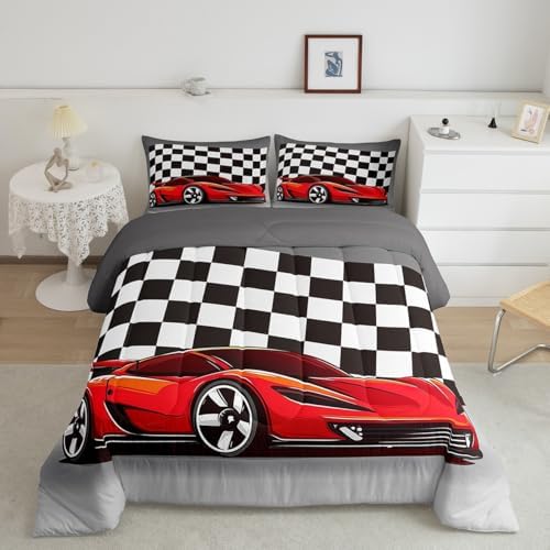 Racing Car Comforter Set, Cool Speed Race Car Down Comforter Twin Size For Kids Boys Girls Teens Bedroom, Automobile Extreme Sport Quilted Duvet Grid Buffalo Duvet Insert With 1 Pillow Cases by Erosebridal