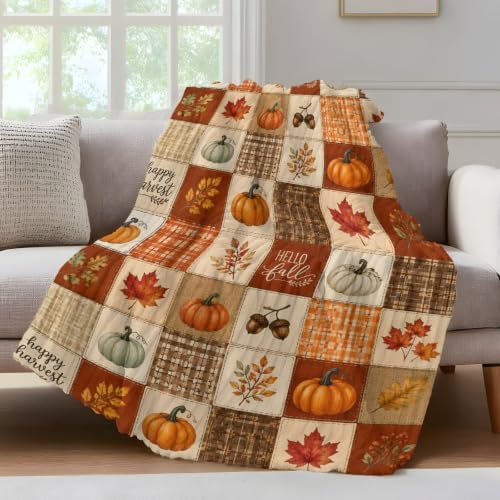 Fall Pumpkins Throw Blanket, Autumn Maple Leaves Fluffy Soft Blankets for Couch Bed, Orange Plaid Thanksgiving Plush Microfiber Striped Flannel Blankets, Farmhouse Lightweight Sofa Blankets 60"x80" - Image 2