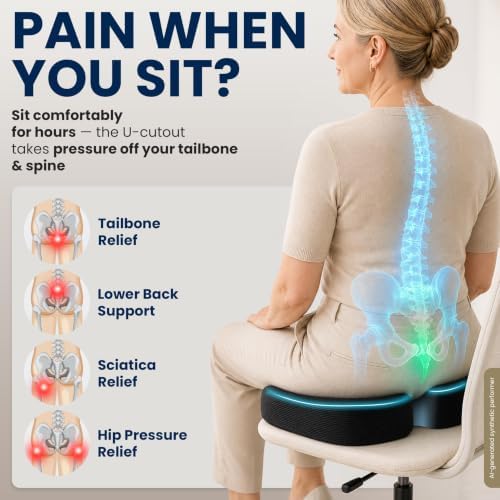 5 STARS UNITED Seat Cushion - Memory Foam Chair Pad for Tailbone Pain Relief - Ergonomic Support for Coccyx, Sciatica & Butt - Office, Desk & Gaming Chair, Car Seat, Wheelchair, Airplane, Black - Image 2