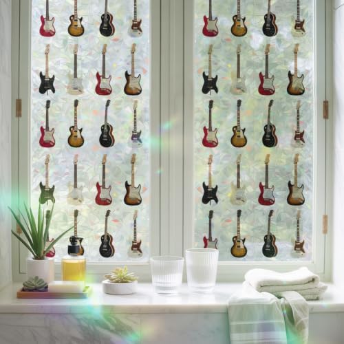 Music Window Privacy Film Rainbow Static Cling Stain Glass Window Film for Glass Door, Decorative Heat Control UV Blocking Frosted Sunroof Decal Sticker for Car 29.5"x78.7" Red Beige Guitar Modern Art - Image 6