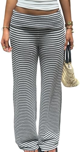 ZAFUL Women's Striped Pants Fold Waist Wide Leg Pants Lounge Pajama Pants by ZAFUL