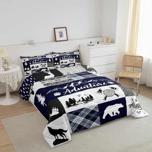 Castle Fairy Deer Bear Comforter Set Twin Size,Rustic Farmhouse Wildlife Patchwork Blue Bedding Set for Kids Boys Men,Camping Cabin Decor Boho Aztec Tribal Quilted Duvet Set with 1 Pillowcase - Image 3