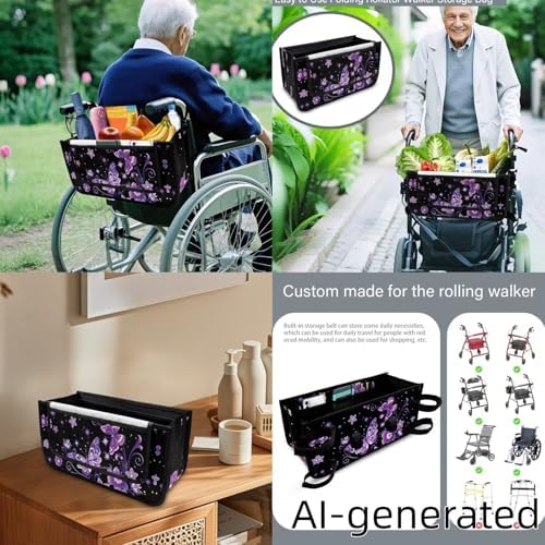 LedBack 3 Pcs Sets Rollator Walker Accessories Purple Butterflies Lightweight Rollator Walker Seat & Backrest Covers, Rollator Storage Basket - Image 5
