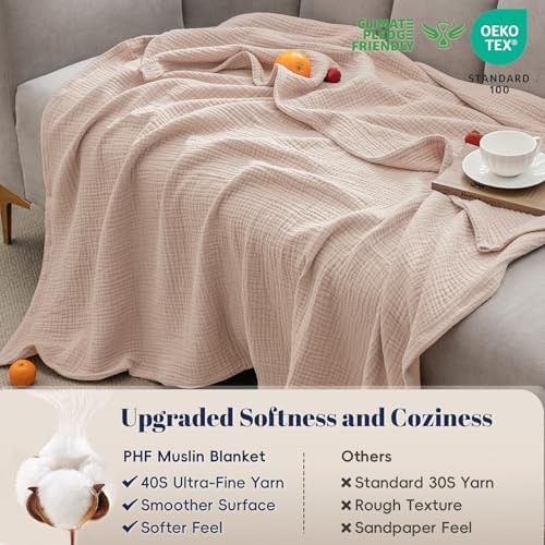 PHF 100% Cotton Muslin Blanket for Adults, Twin XL 66"X90", Dusty Pink - Image 4