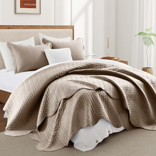 King Quilt Set Bedspread Coverlet Bedding Leaf Beige 106"x96" - Image 5