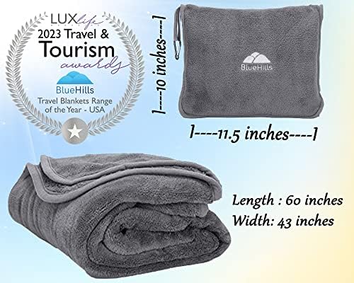 BlueHills Travel Blanket Pillows for Two Airplane Traveling Essentials Flight Throws in Bag case with Backpack Clip Compact Large Plane Accessories – Gray and Ivory White - Image 6