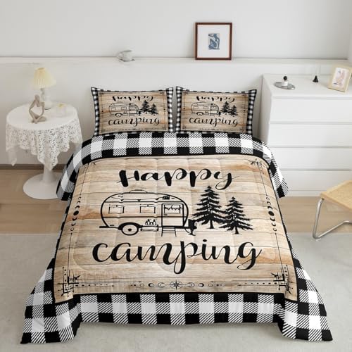 Erosebridal Rv Camper Bedding Set for Bunks,Happy Camping Comforter Sets Queen Black White Buffalo Plaid Quilt Comforter for Travel Trailers Farmhouse Cabin Decor Bed Set 2 Pillow Cases by Erosebridal