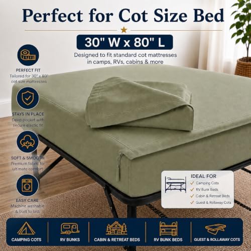Zipper Cot Fitted Sheet, 30 x 80 Camping Cot Mattress Sheets, 400 Thread Count 100% Cotton, Includes 1 Wraparound Base, 2 Removable Zipper Top Sheets & 2 Pillowcases, 8 Inch Deep Pocket, Sage Green - Image 2