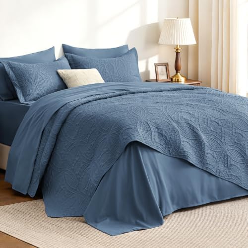 Love's cabin King Size Quilts Bedspreads, 7 Pieces Bed in a Bag, Misty Blue by Lovescabin