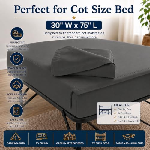 Zipper Cot Fitted Sheet, 30 x 75 Camping Cot Mattress Sheets, 400 Thread Count 100% Cotton, Includes 1 Wraparound Base, 2 Removable Zipper Top Sheets & 2 Pillowcases, 8 Inch Deep Pocket, Dark Grey - Image 2
