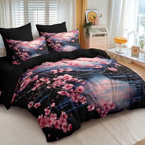 CCoutueChen Japanese Style Comforter Set Twin,Cherry Blossom Lightweight Comforter for Girls, 2Pcs Black Pink Floral Painting Soft Bedding Set with 2 Pillowcases,Great Bedroom Decor - Image 5